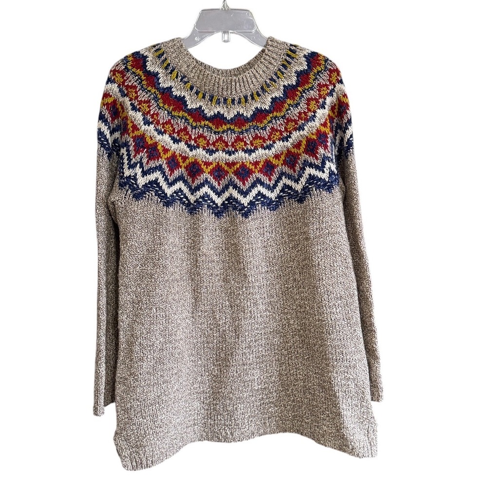 J. Jill Fair Isle Sweater Womens Small Oatmeal Red Blue Cotton Blend Pullover